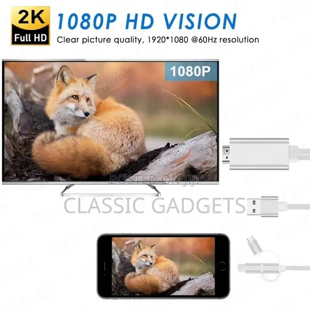 Lightning to Hdmi-Compatible Adapter Cable Plug Play 1080P