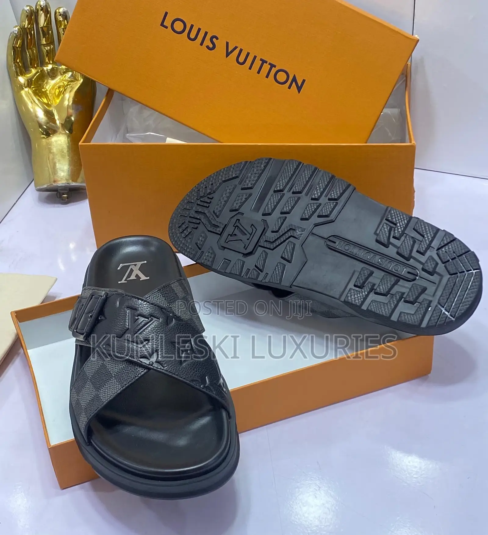 Original Louis Vuitton Men Brown Leather Slippers
