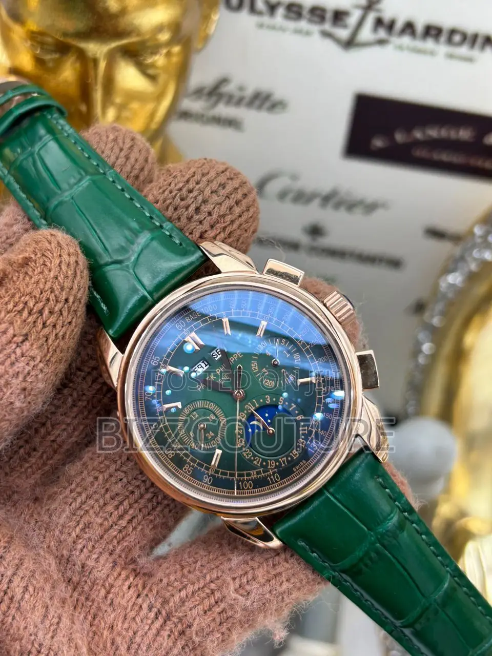 Original PATEK PHILIPPE Chronograph Green Dail Leather Watch