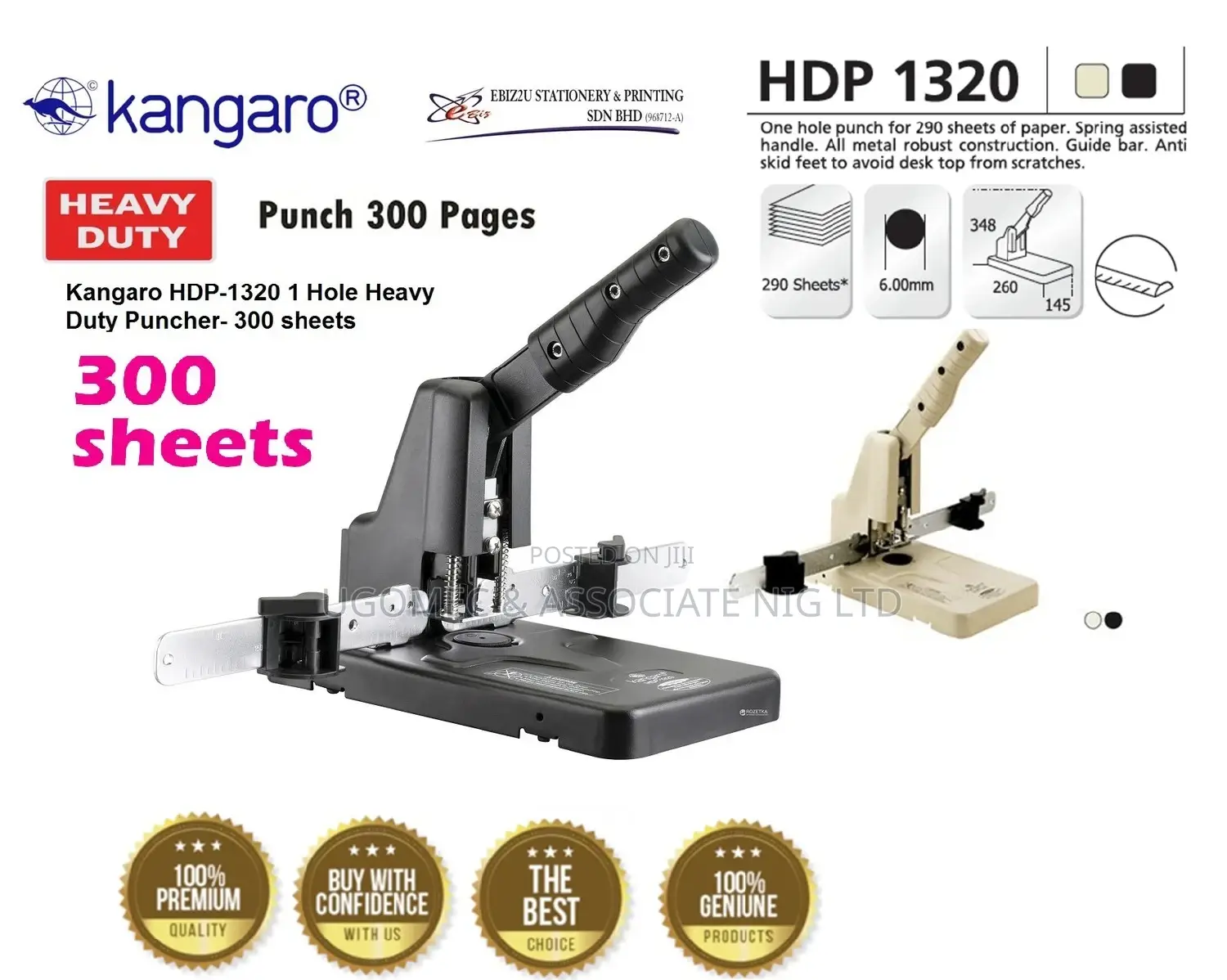 Kangaroo One Hole Heavy- Duty Puncher. 300 Sheets. HDP 1320