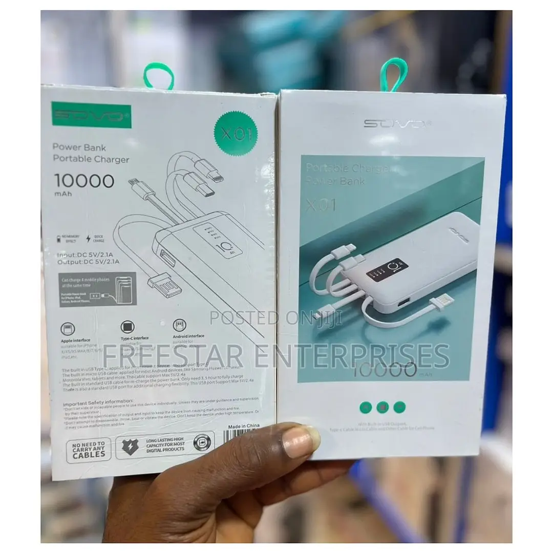 SOVO 10000mah Power Bank SOVO Power Bank Inbuilt Cables.