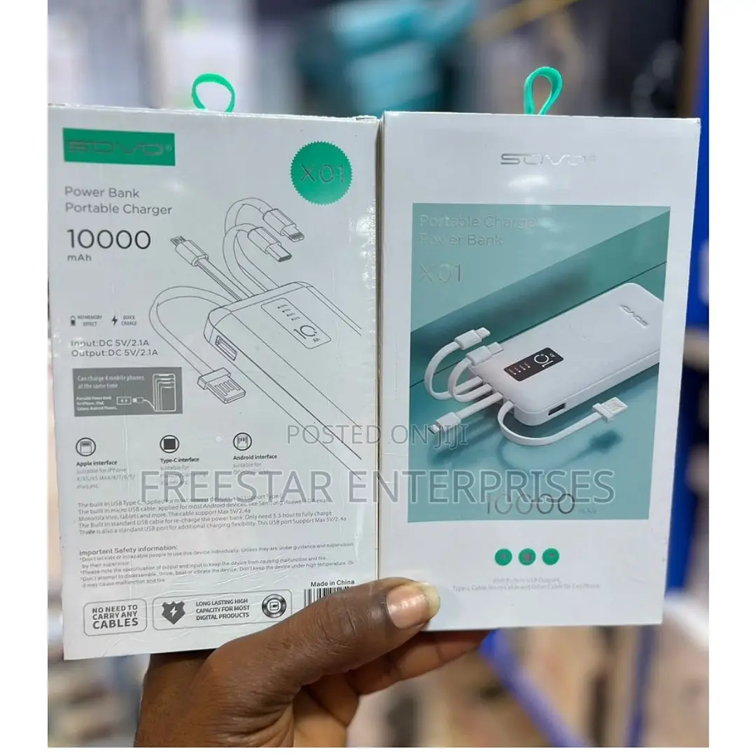 SOVO 10000mah Power Bank SOVO Power Bank Inbuilt Cables.