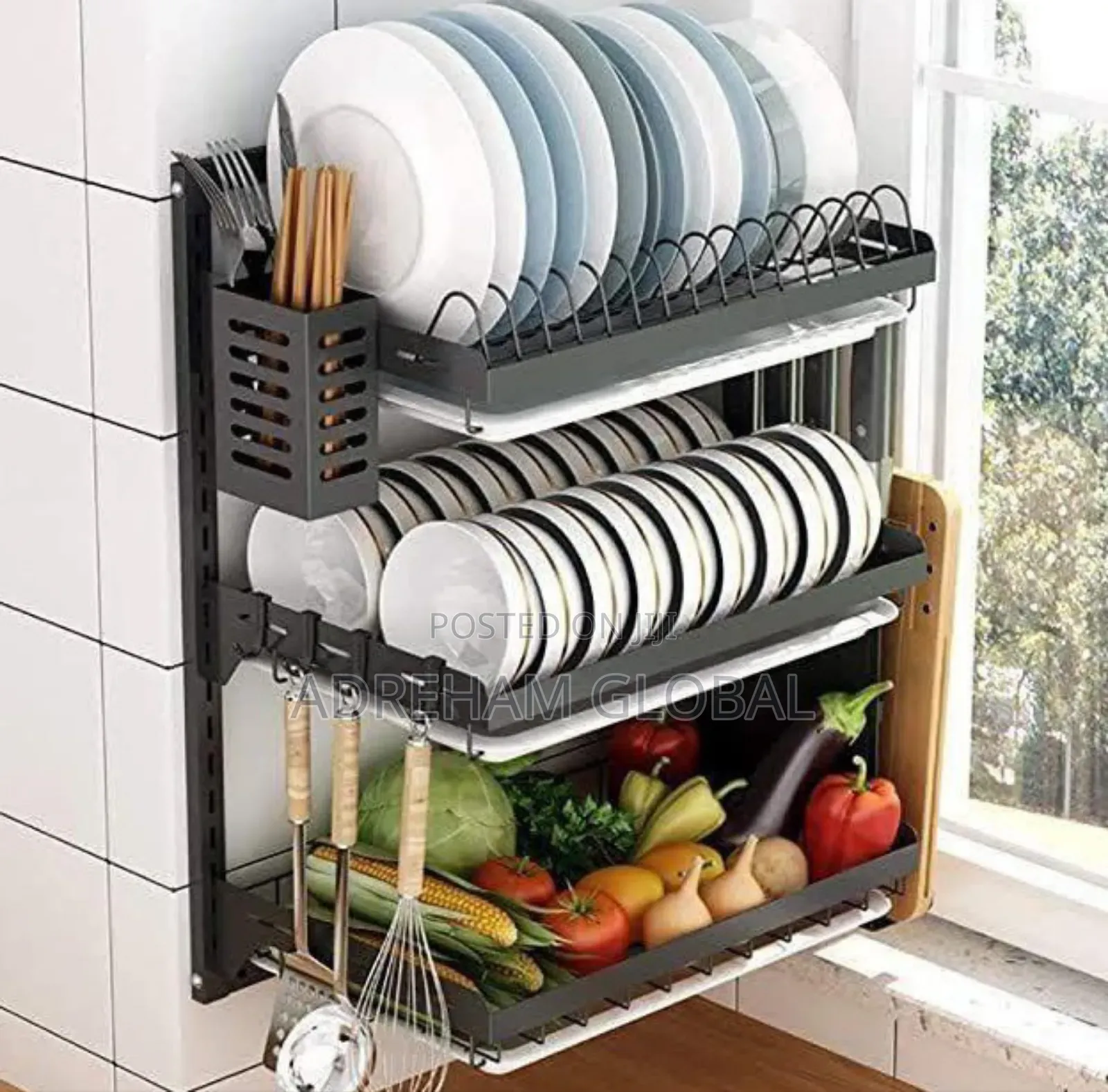 3 Tiers Wall Mounted Iron Dish Rack With Cutlery Storage 