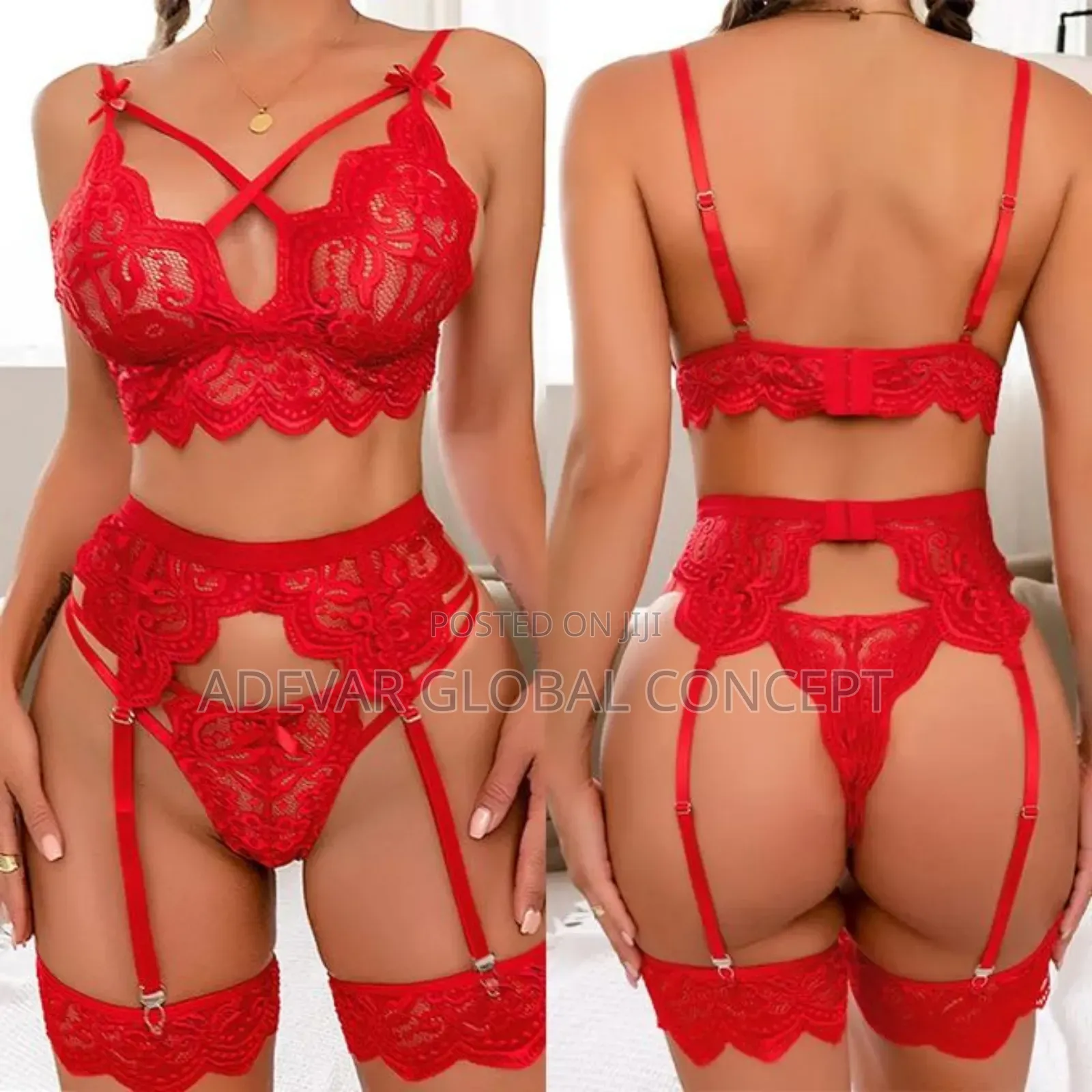 4 PCS Set of Lace Bra Thong Garter Belt Party Erotic
