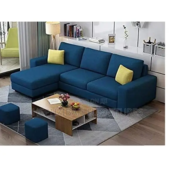 L Shape Blue Sofa With Ottoam and Center Table