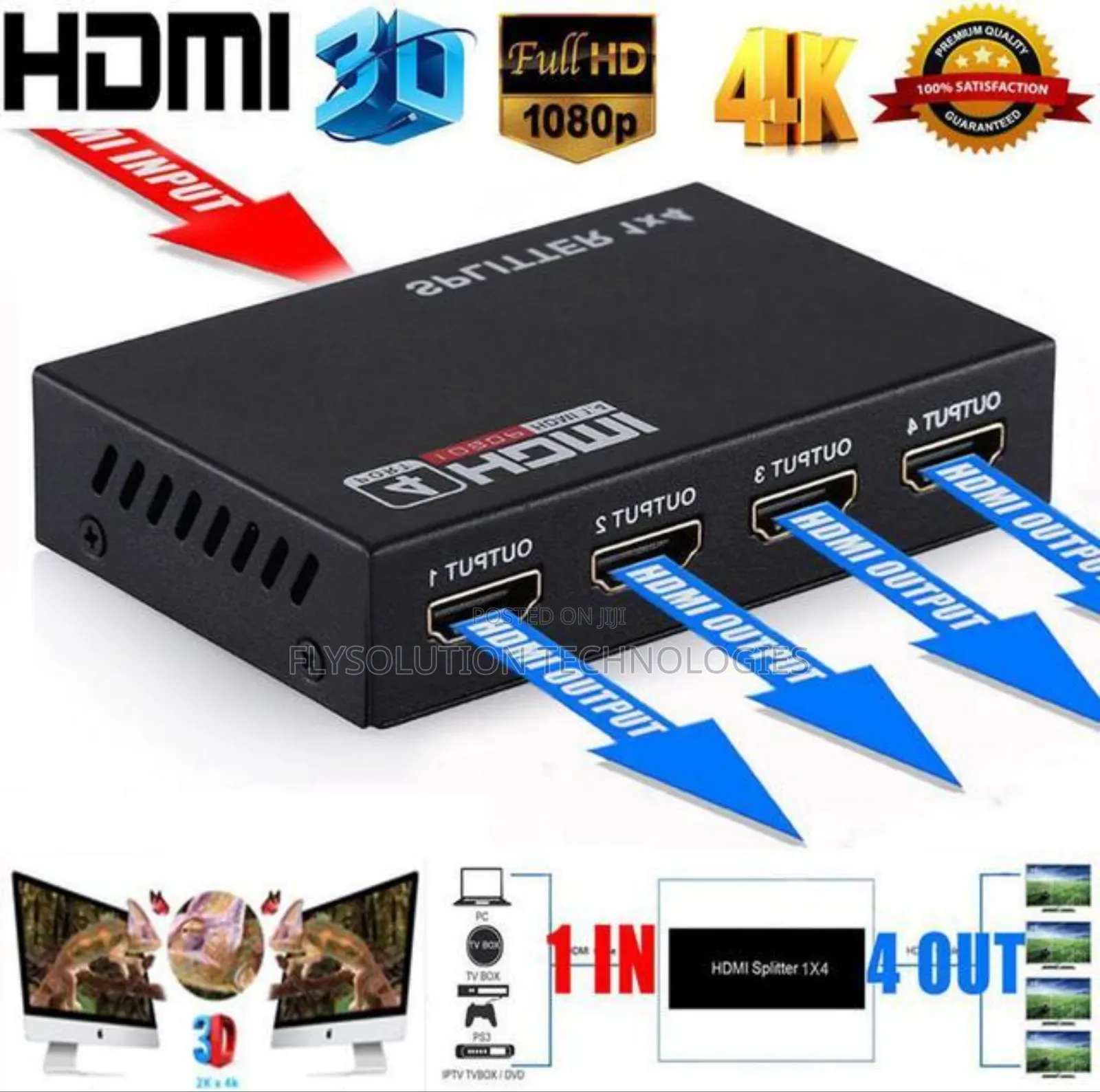 1x4 HDMI Splitter Video Converter (1 Input to 4 Outputs)