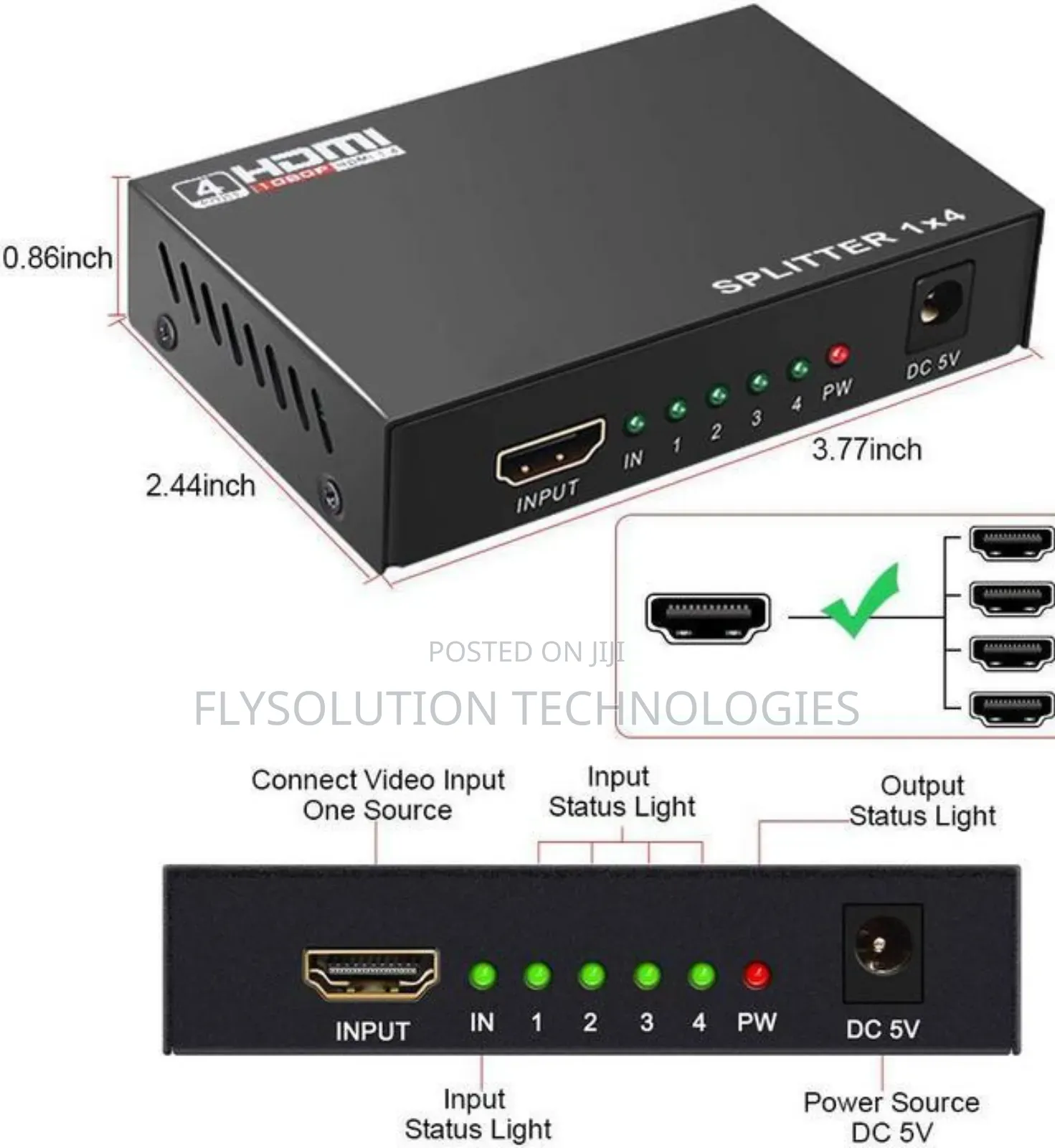1x4 HDMI Splitter Video Converter (1 Input to 4 Outputs)