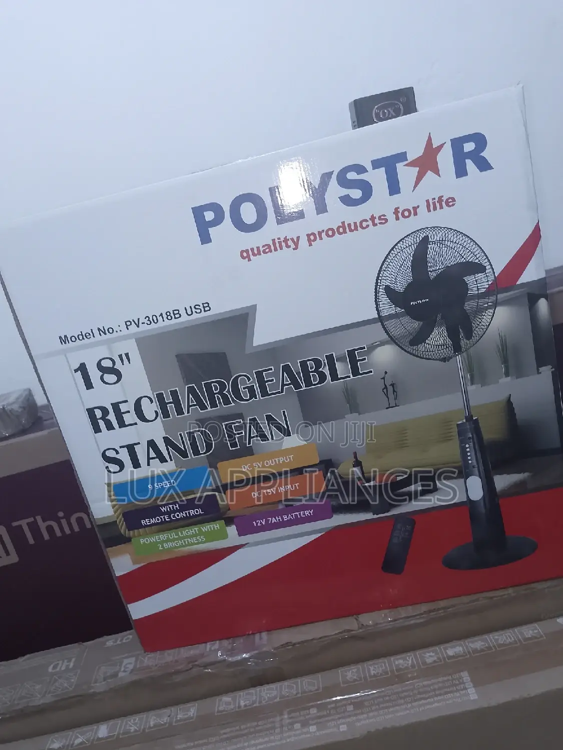 New Equipped Polystar 5 Blades 18′′Rechargeable Standing Fan