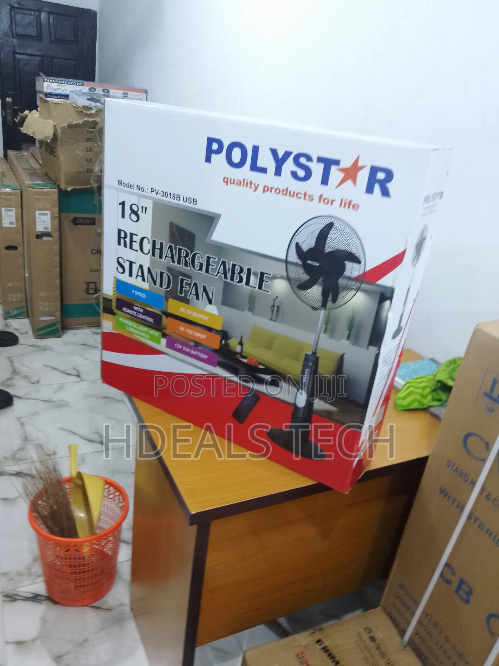 Polystar Stand Fan With 2 LED Bright Light - 18'' Recharge.