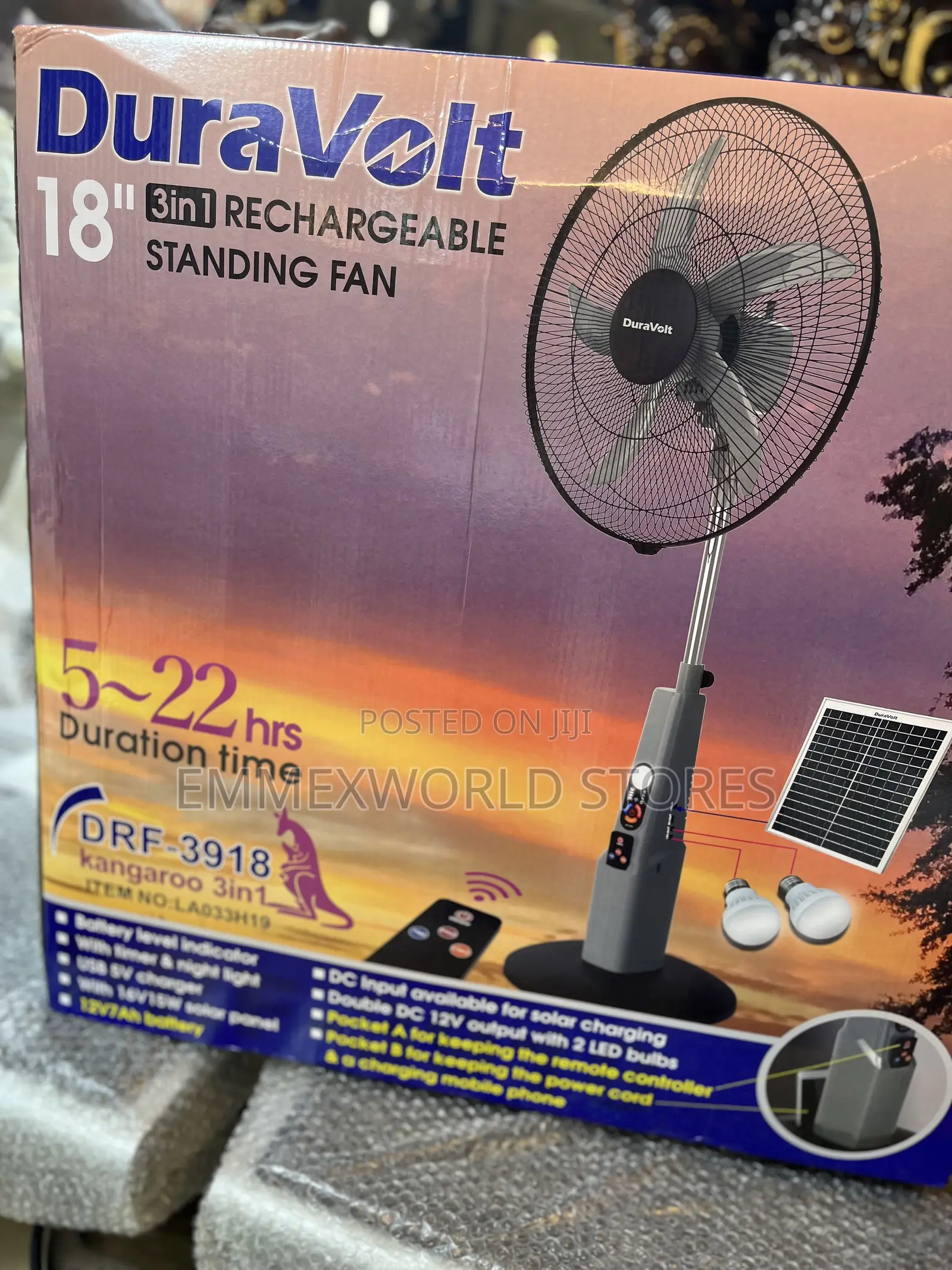 Duravolt Solar 18” Rechargeable Fan With Panel and Bulbs