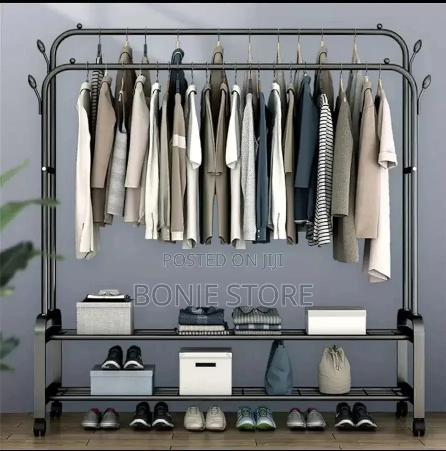 48kg Heavy Duty Double Pole Cloth Rack Hanger With 4 Wheel