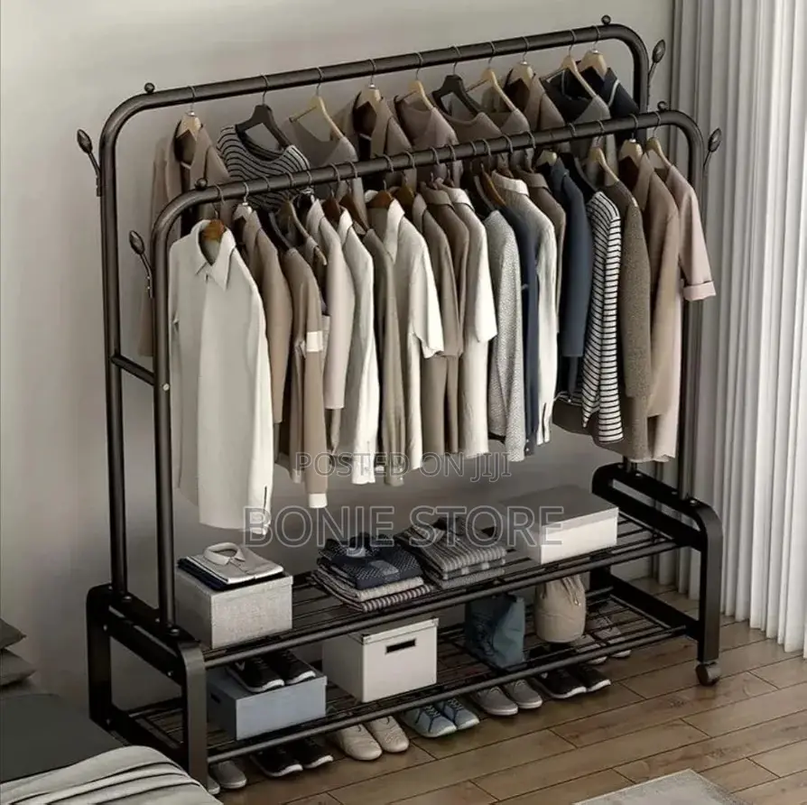 48kg Heavy Duty Double Pole Cloth Rack Hanger With 4 Wheel