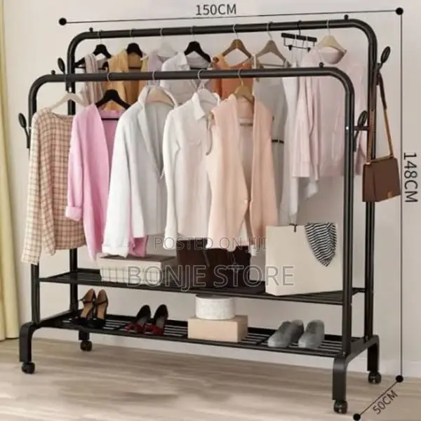48kg Heavy Duty Double Pole Cloth Rack Hanger With 4 Wheel