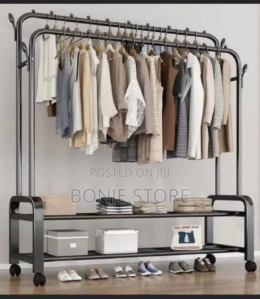 48kg Heavy Duty Double Pole Cloth Rack Hanger With 4 Wheel