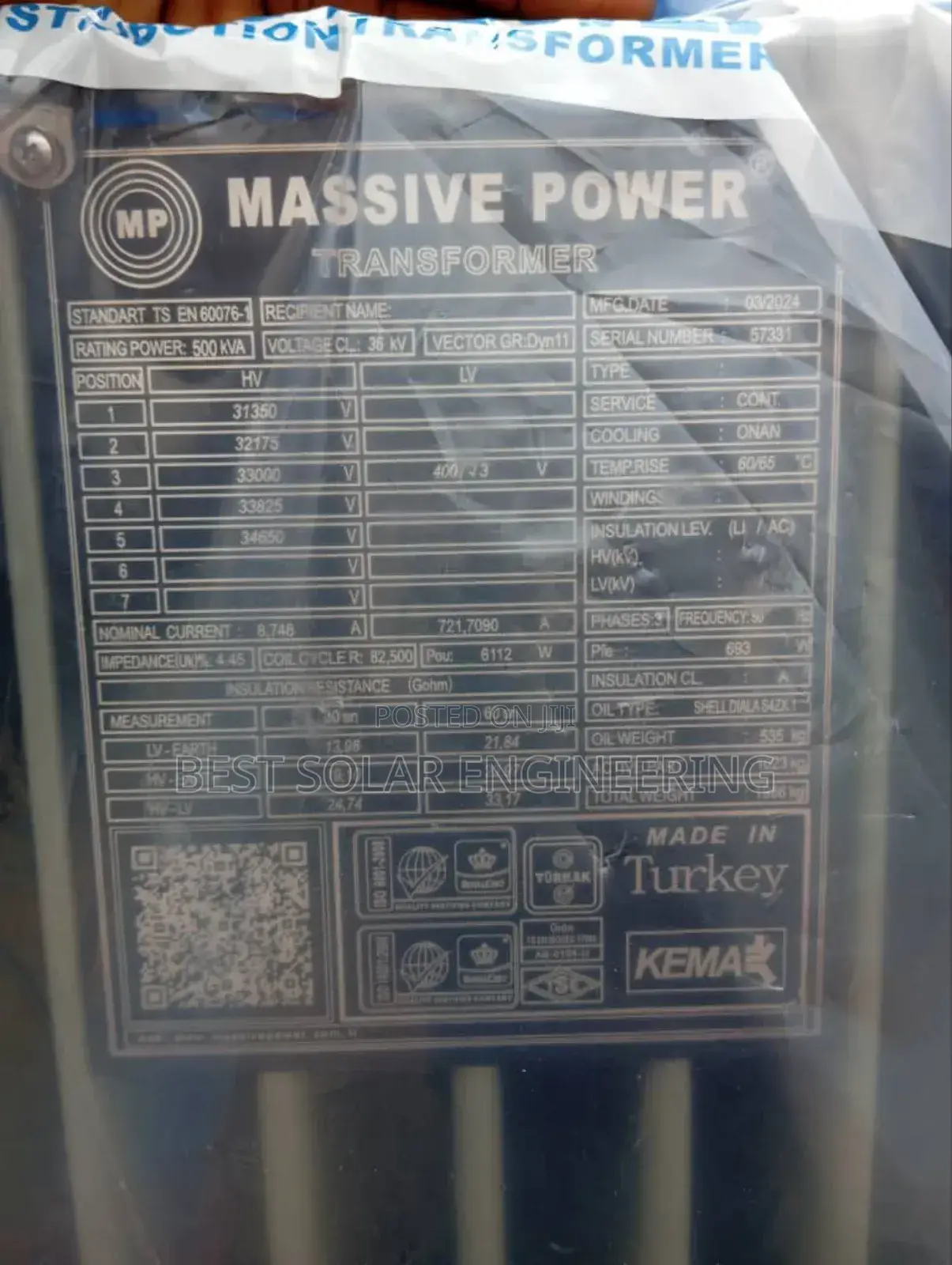 500kva 33/0.400kv Massive Power Transformer