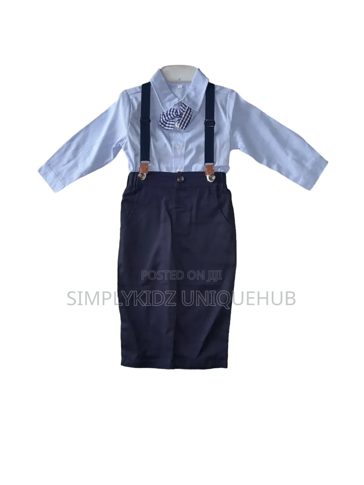 Blue Kids Shirt Pant With Suspender and Bow Tie