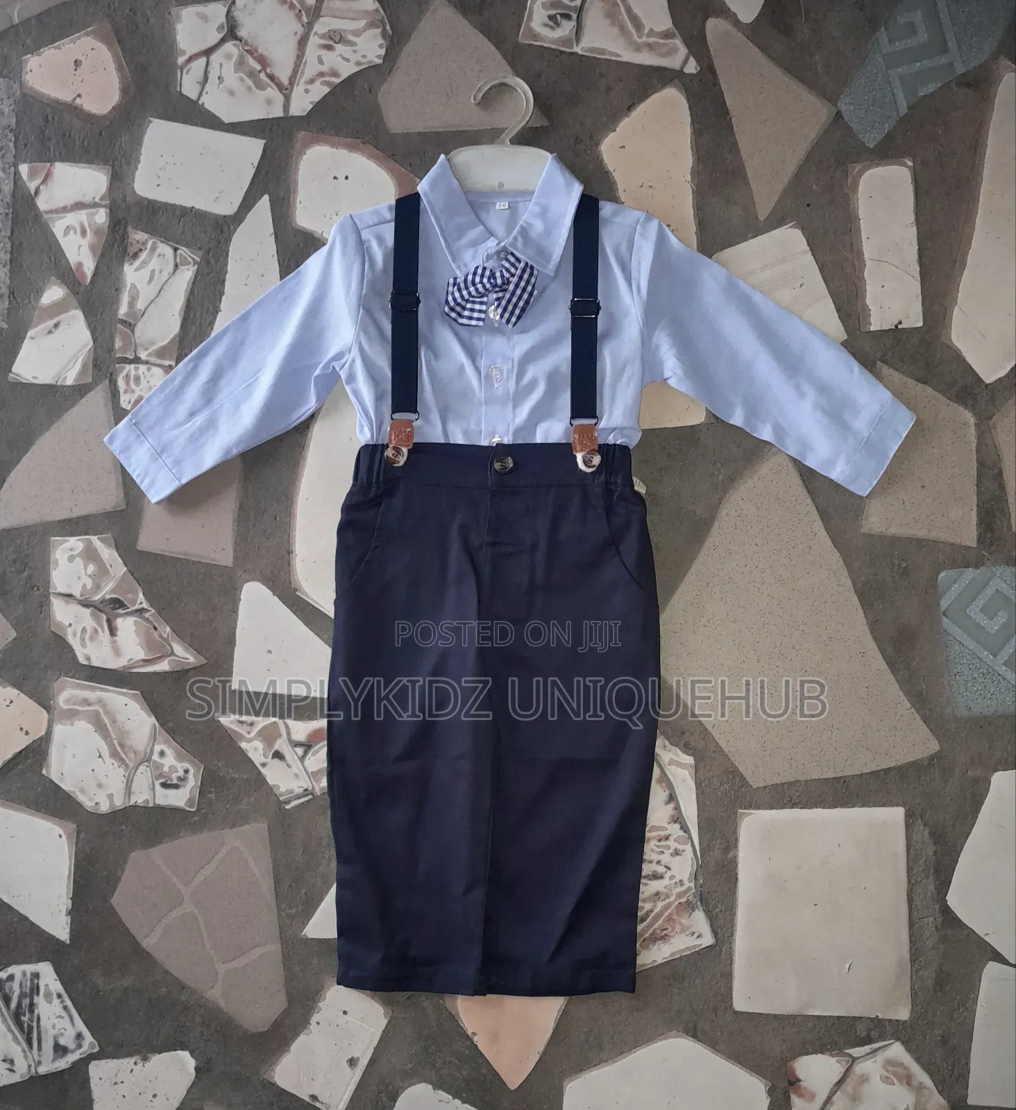 Blue Kids Shirt Pant With Suspender and Bow Tie