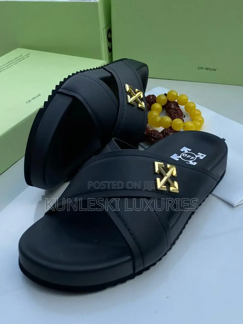Original Off-White Men Leather Slippers Collections