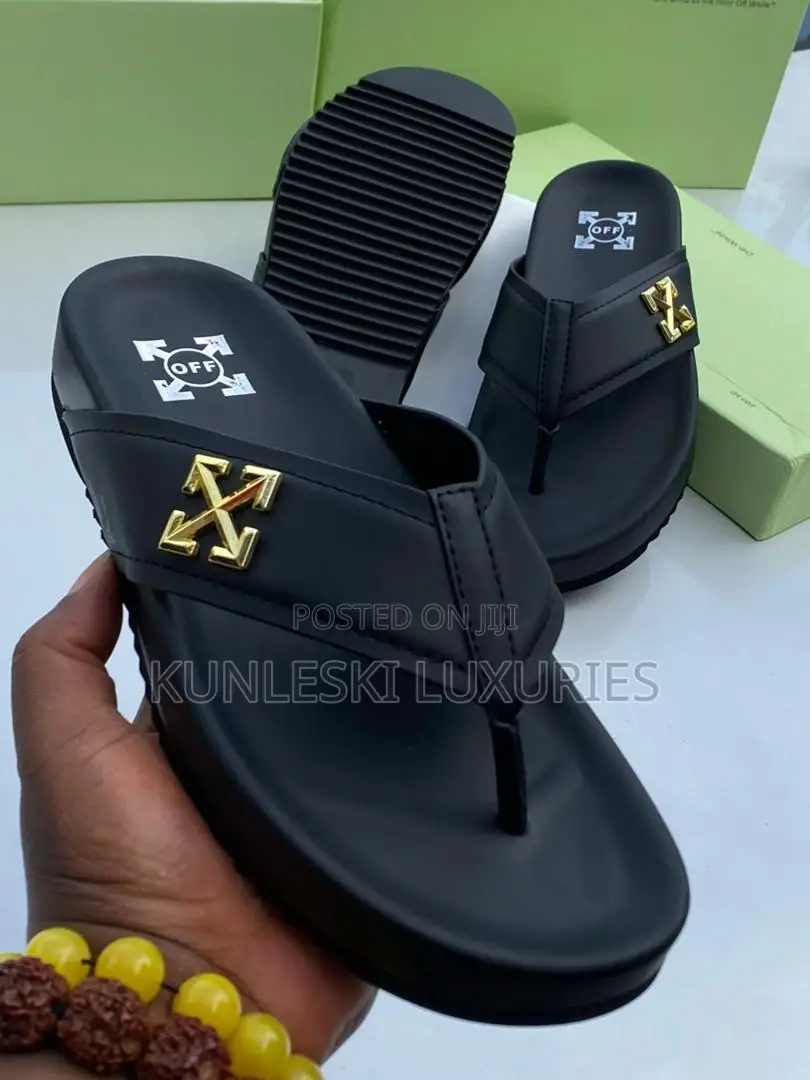 Original Off-White Men Leather Slippers Collections