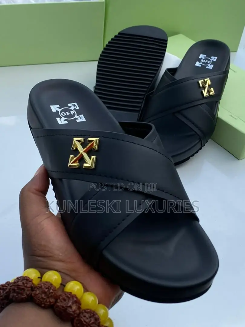 Original Off-White Men Leather Slippers Collections