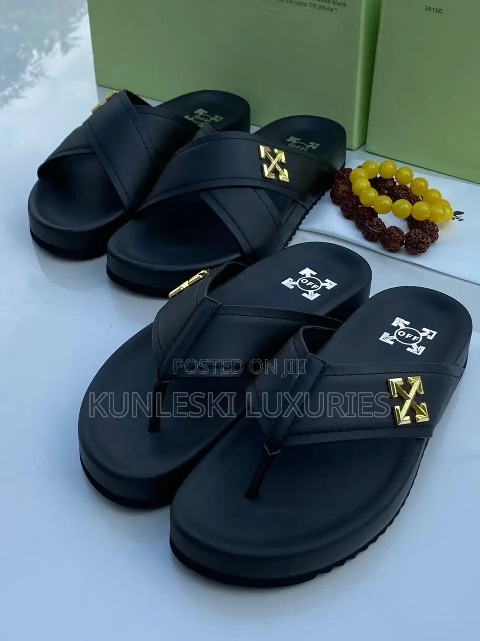 Original Off-White Men Leather Slippers Collections
