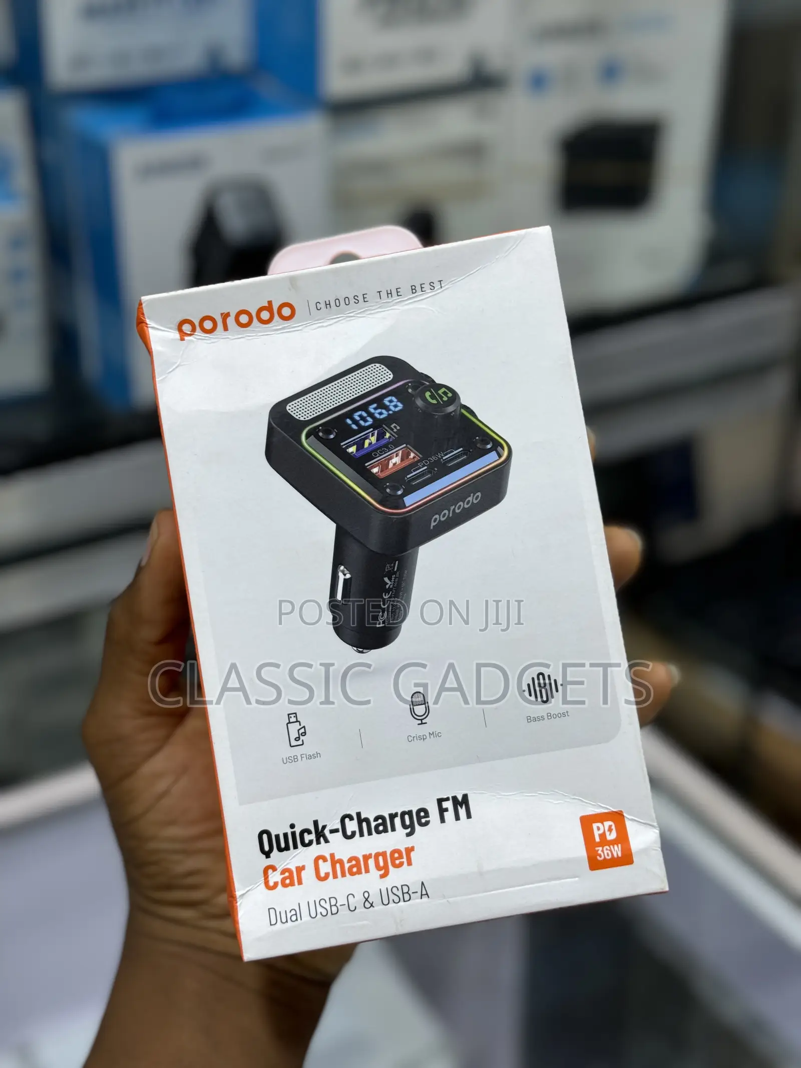 Porodo Smart Car Charger FM Transmitter With 24W PD Port