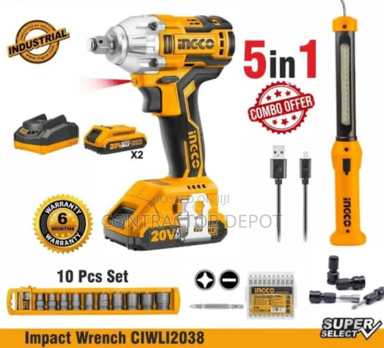 Ngco Cordless Impact Wrench With Kit With Work Lamp
