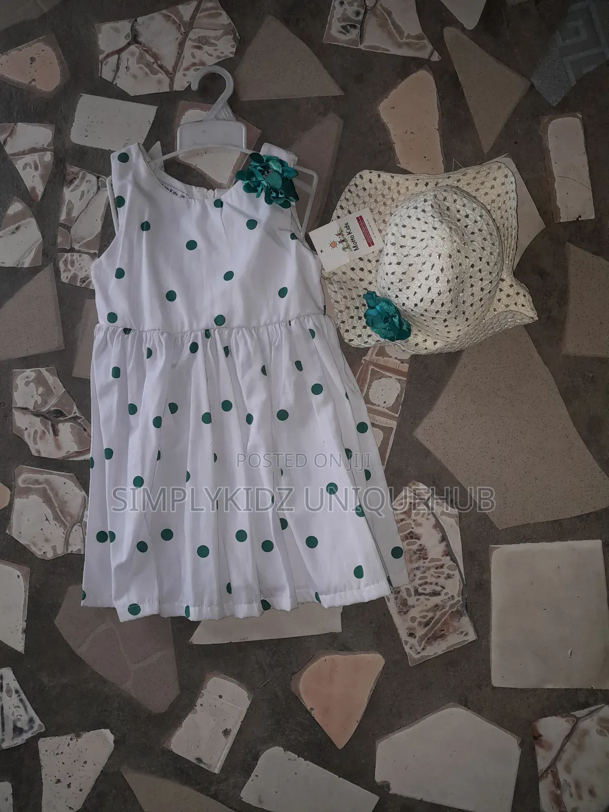 Girls Green Polka Dot Dress With Hat