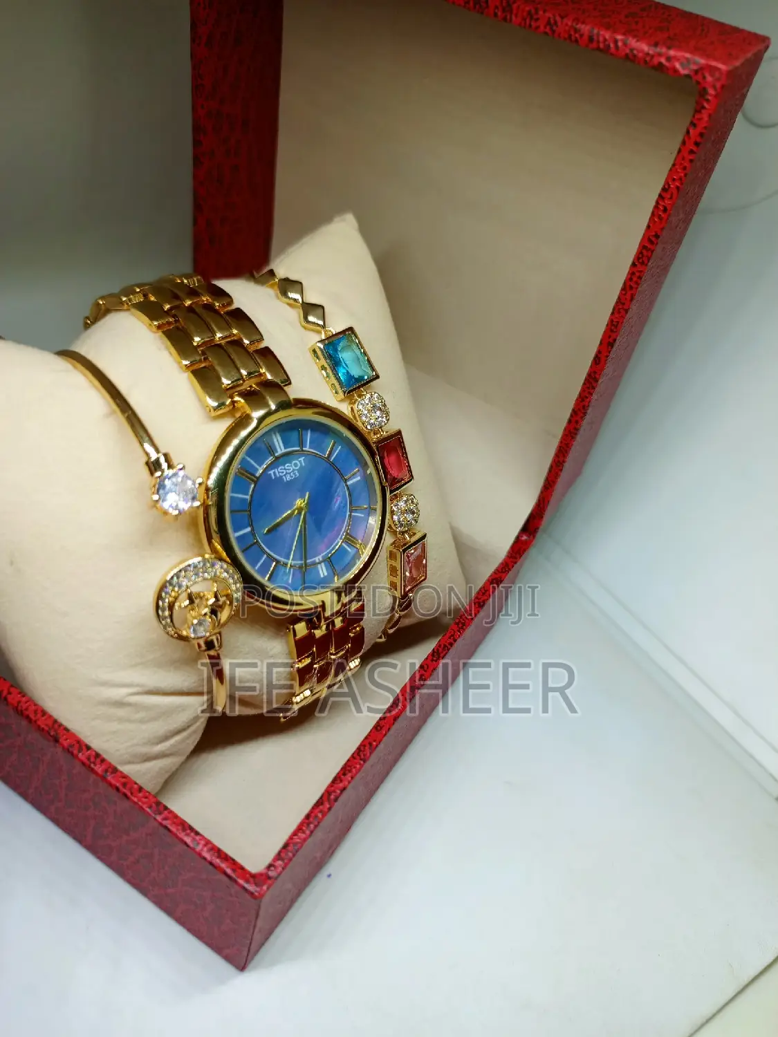 Ladies Tissot Blue Face Watch With 2 Bracelets - Gold