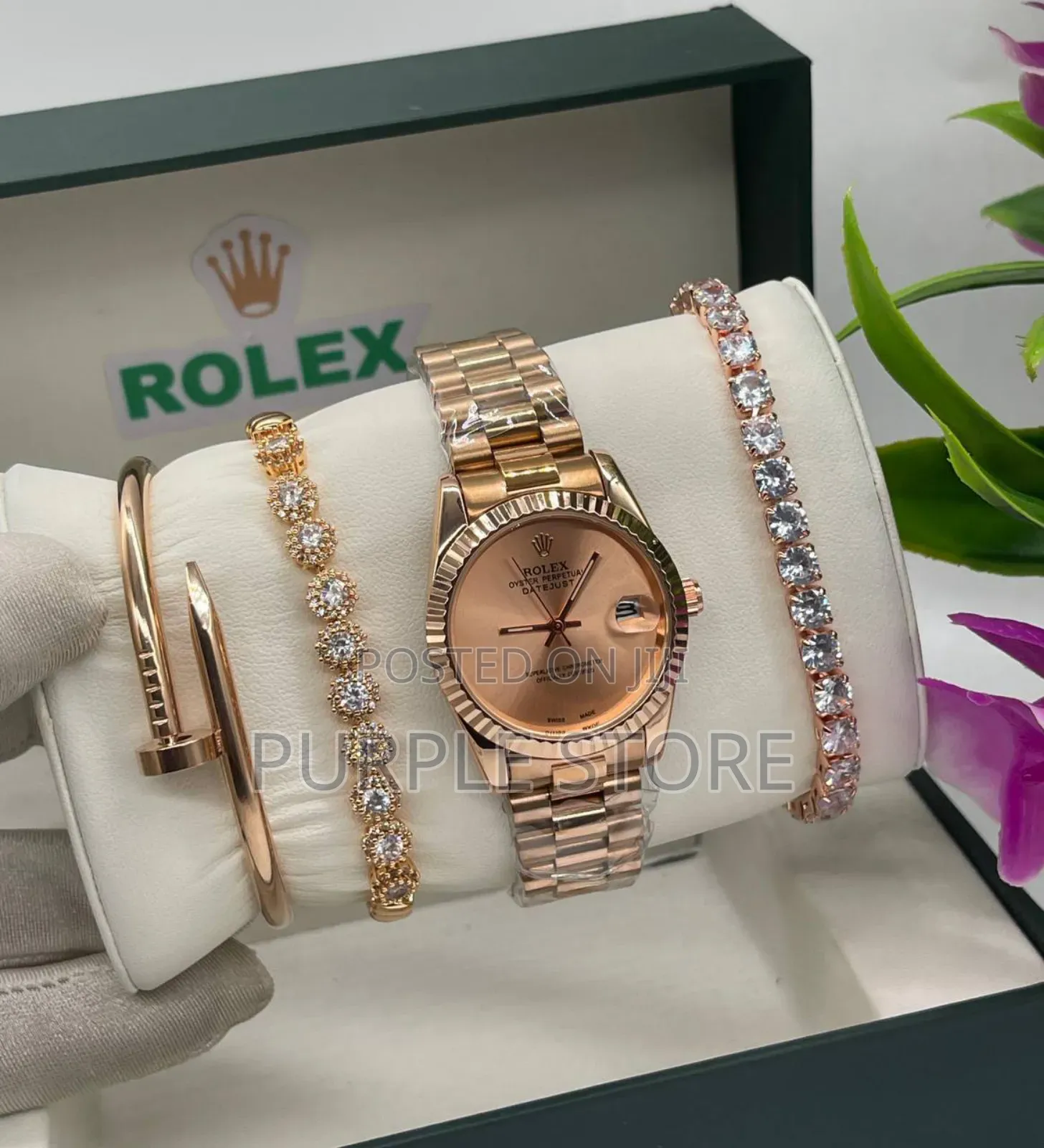 Rolex Female Watch And. Bracelets. Set--Rosegold