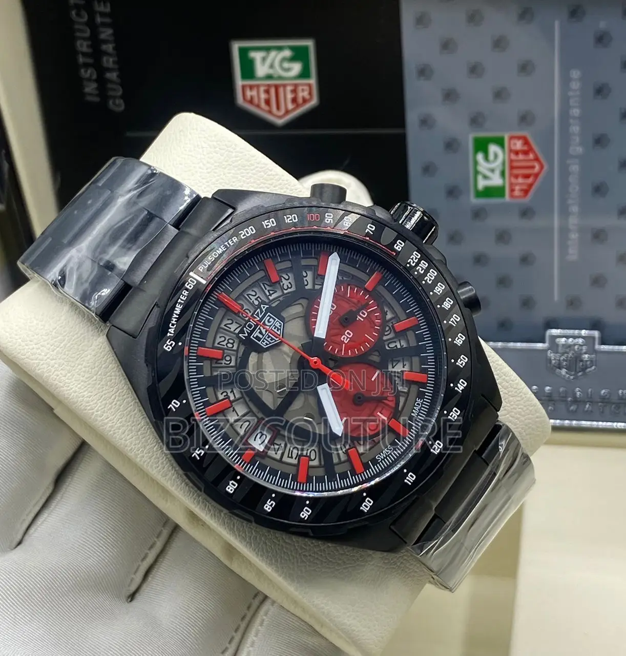 Original Monaco Heuer Chronograph Black Chain Watch in Store
