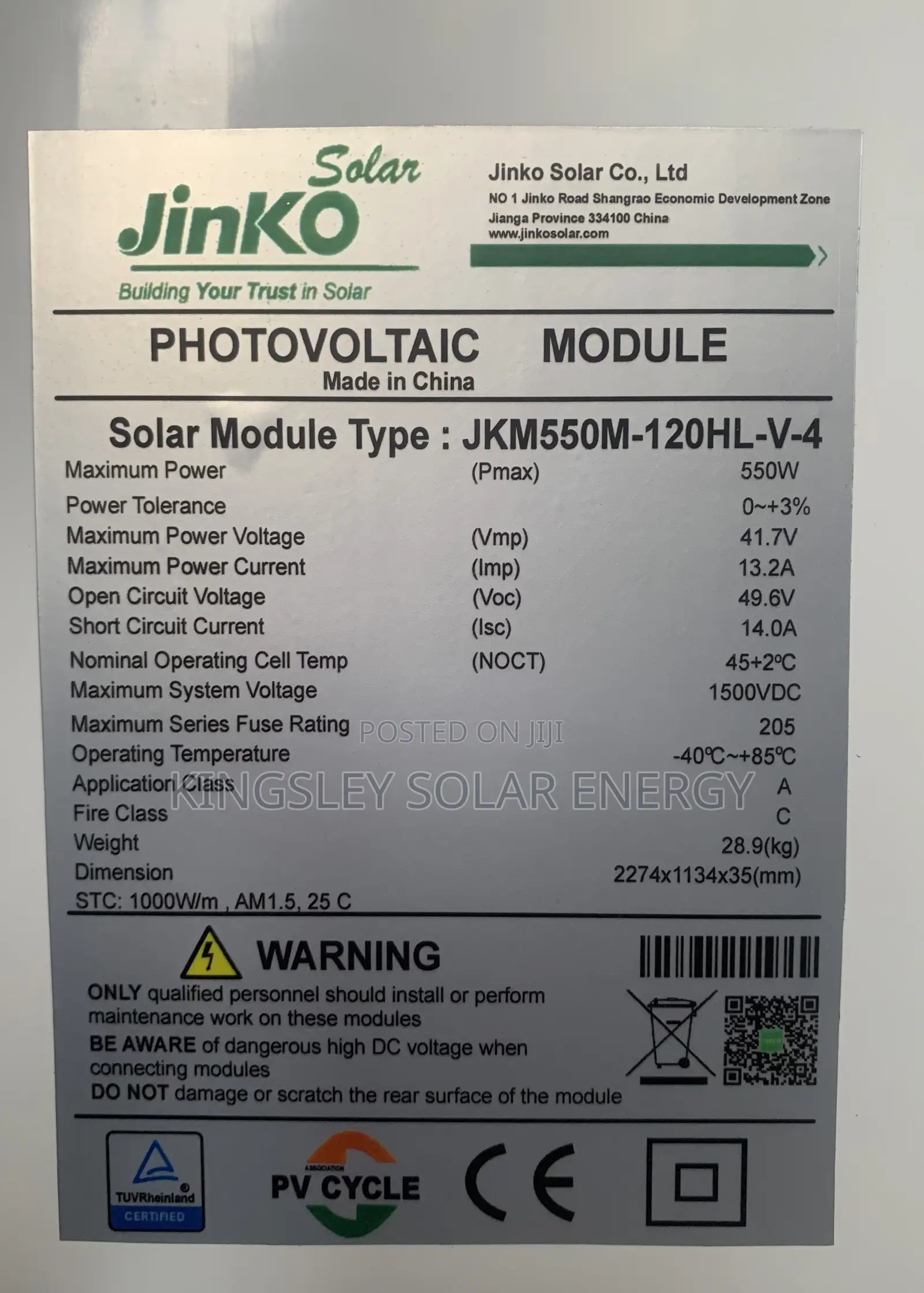 Jinko Solar Panel (Halfcut)Mono 550watts