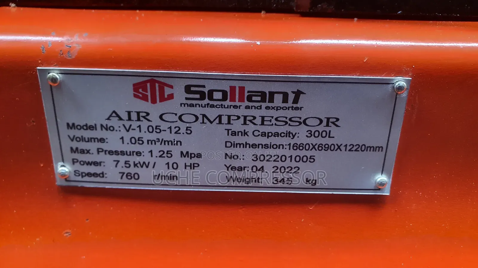 Sollant Air Compressor 10hp 7.5kw 300l Original One