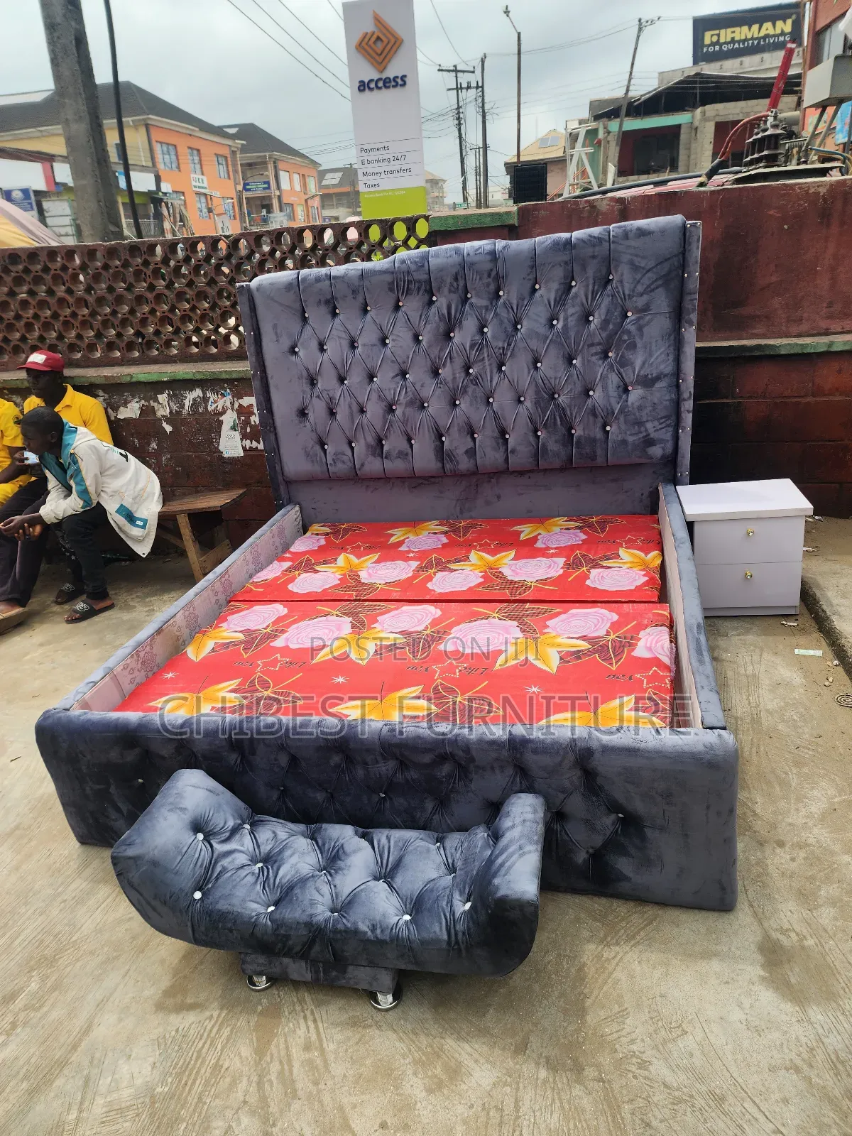 Grey 6by6 Upholstery Bed Frame With Footrest and Bed Side