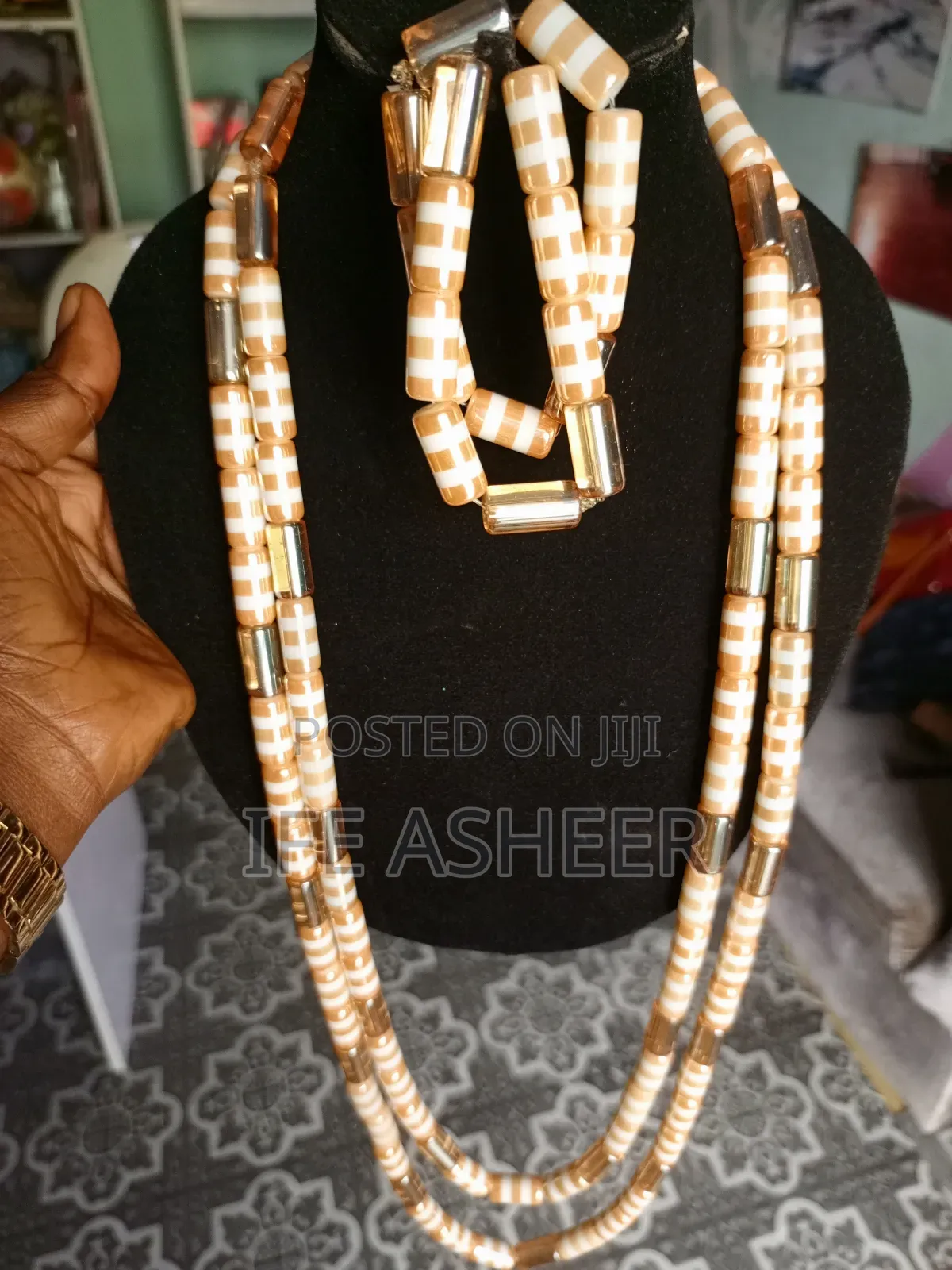 Men's Ceremonial 2 Layers Neck Beads With Bracelets 08 -Gold