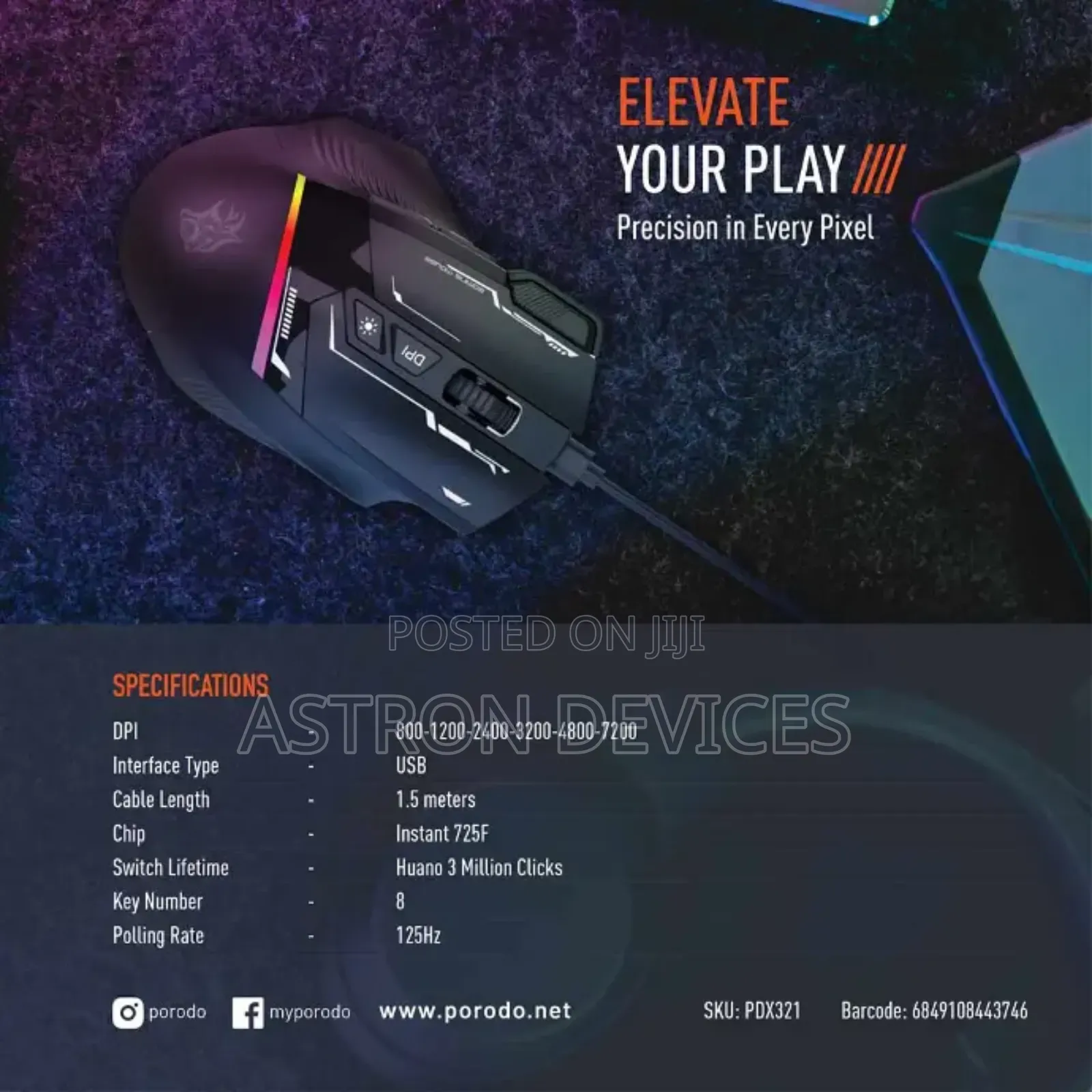 Porodo Gaming 8D RGB Wired Mouse DPI 7200