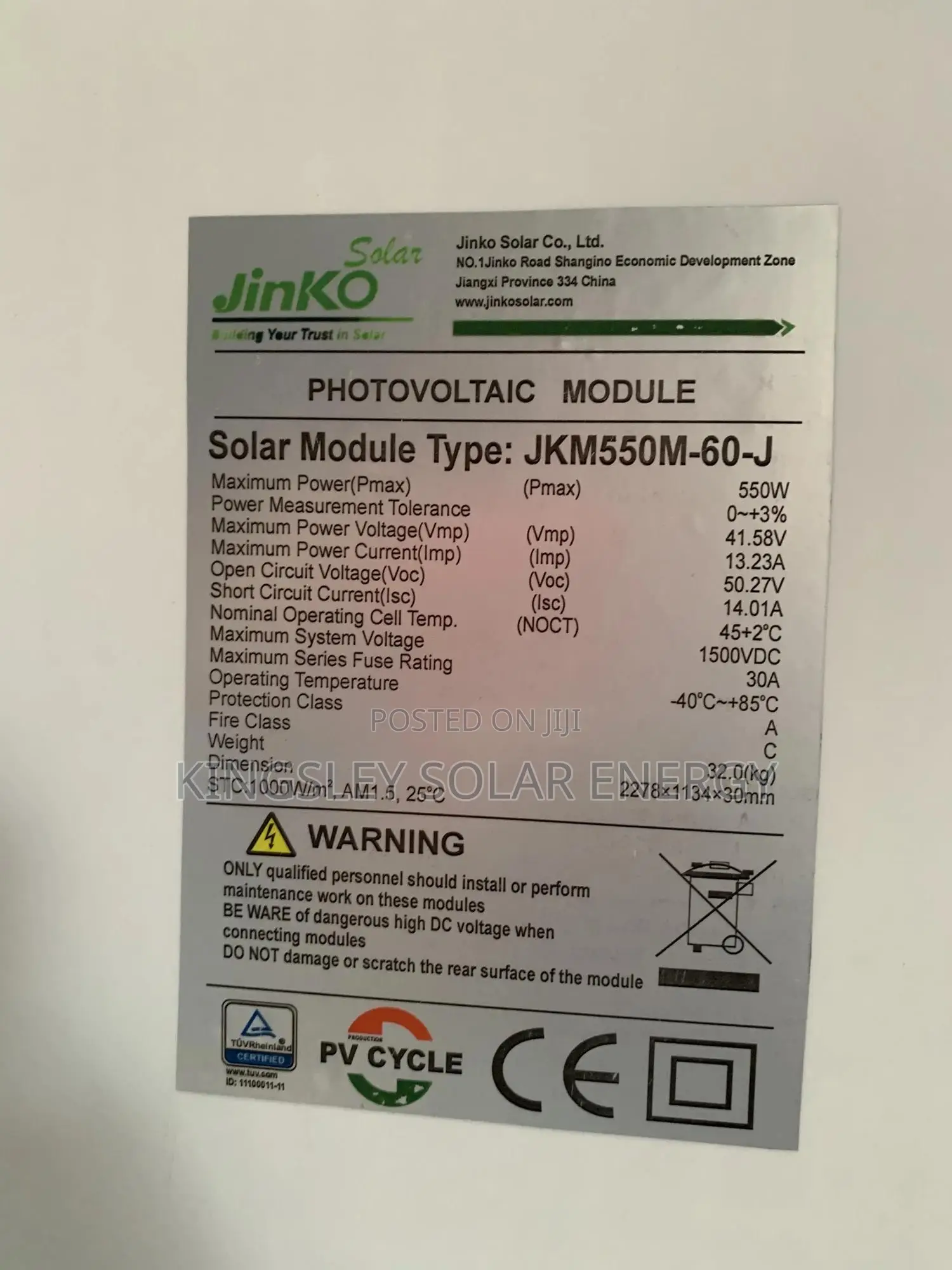 JINKO SOLAR PANEL (Halfcut) Mono 550w/120cells
