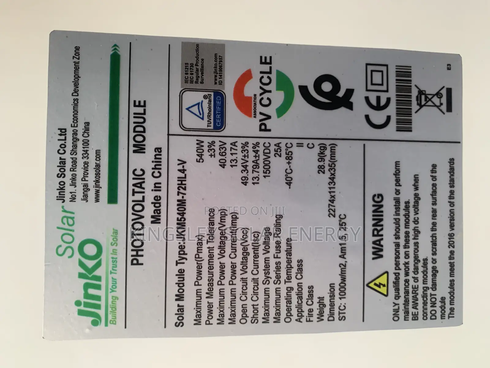 540watts Jinko Solar Panel (Halfcut) Mono 120cell