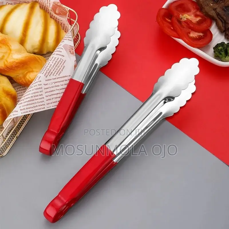 Stainless Steel Red Scalloped Coated Kitchen Tongs