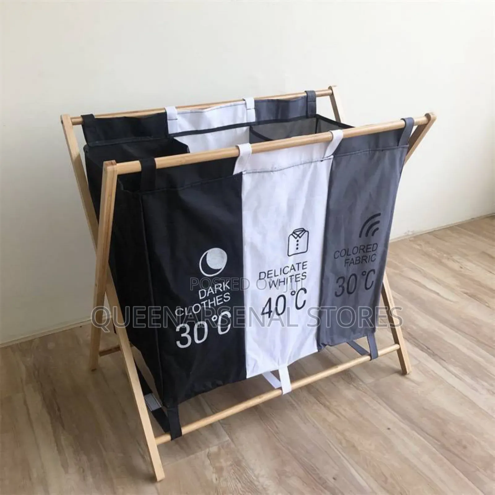 3 Partitions Cloth Basket (With Wood Stand)