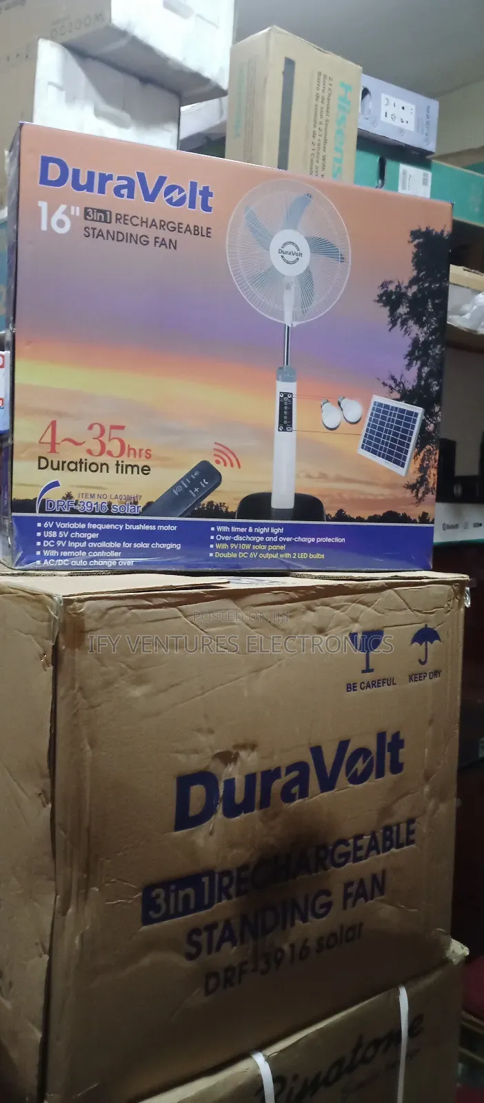 16" 3 in 1 Duravolt Rechargeable Fan With 2 Bulb and Panel