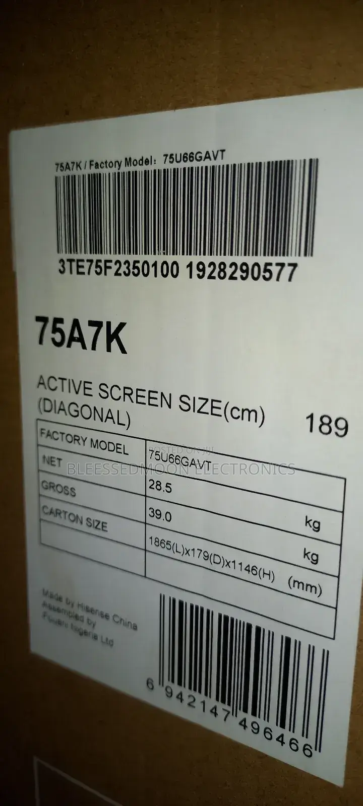 Hisense Smart Television Double Panels 75inches A7S 3 Yrs W