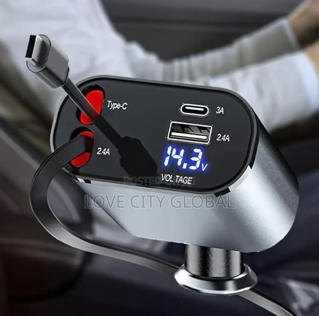 4in1 3ft Retractable 66w Fast Car Charger Usb a and Usb C