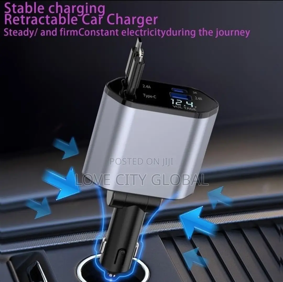 4in1 3ft Retractable 66w Fast Car Charger Usb a and Usb C