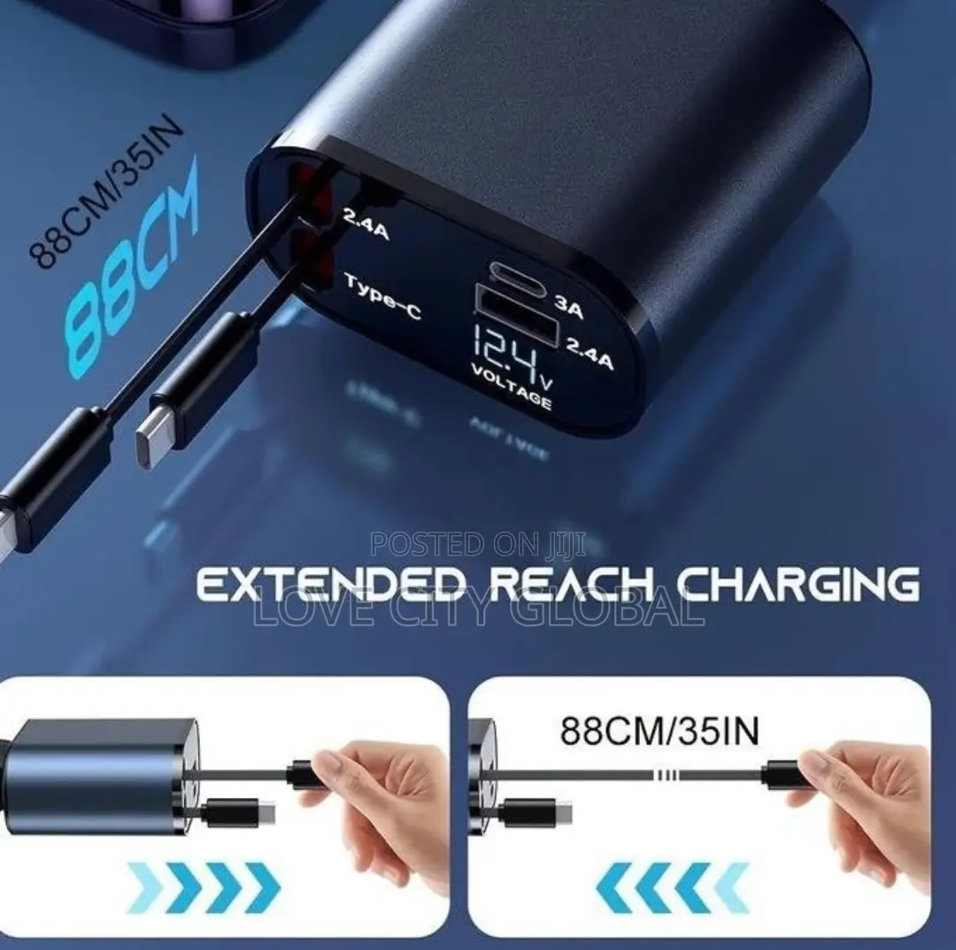 4in1 3ft Retractable 66w Fast Car Charger Usb a and Usb C