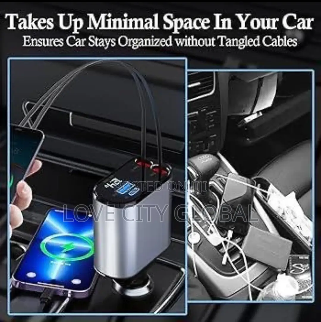 4in1 3ft Retractable 66w Fast Car Charger Usb a and Usb C