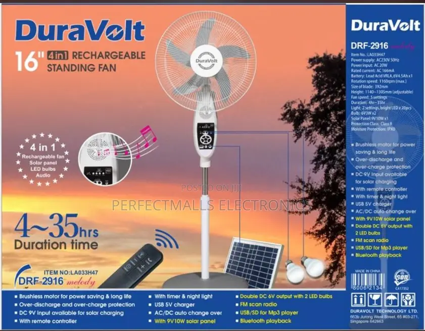 16'' 4 in 1 Rechargeable Fan With Solar Panel DRF 2916 Solar