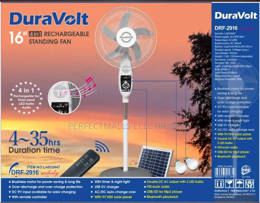 16'' 4 in 1 Rechargeable Fan With Solar Panel DRF 2916 Solar