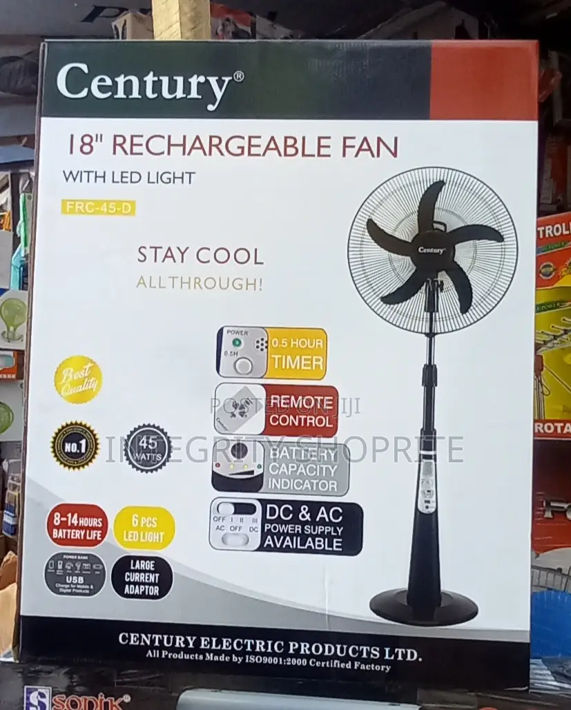 Century 18" Rechargeable Fan+Remote+LED Light BLACK/RED