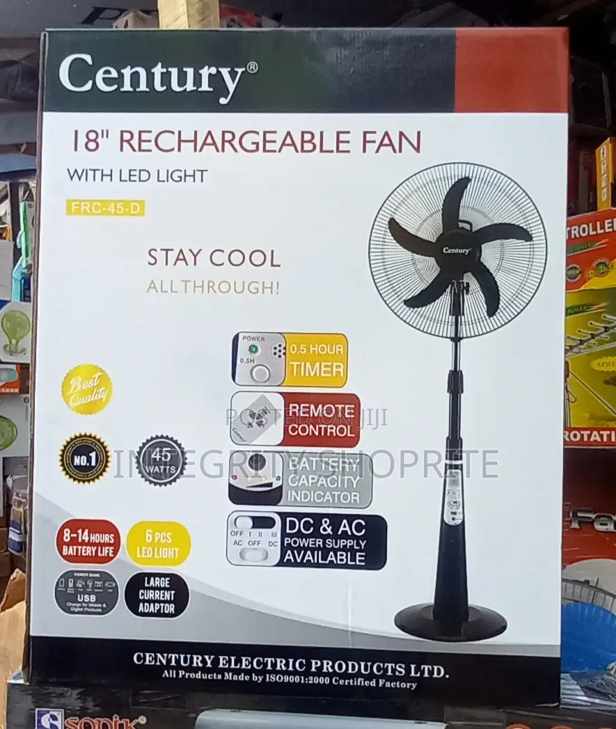 Century 18" Rechargeable Fan+Remote+LED Light BLACK/RED